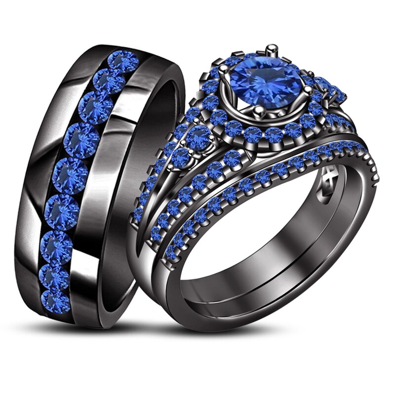 Bride & Groom Trio Engagement Ring Set/ Blue Sapphire Black Gold Over 925 Sterling Silver Rings/ Elegant Ring Set For Couple/ Anniversary