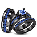Blue Sapphire Sterling Silver Trio Ring Set, Black Gold Finish, Couple's September Birth Stone Ring Set/ His-Her Wedding Ring Set