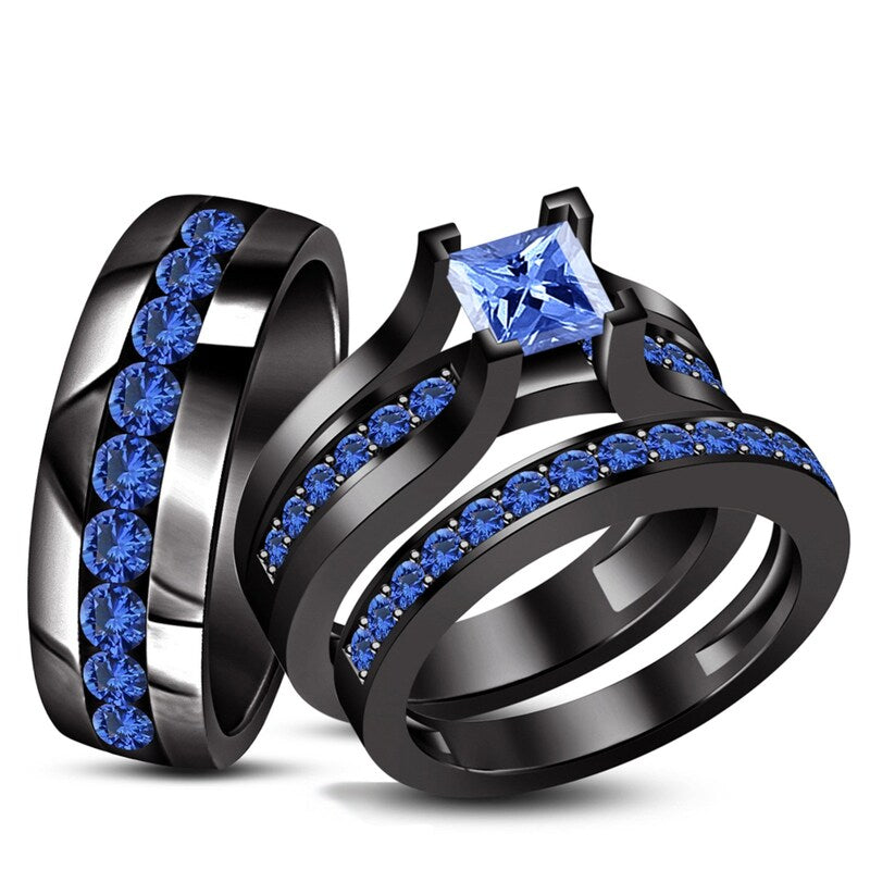 Blue Sapphire Sterling Silver Trio Ring Set, Black Gold Finish, Couple's September Birth Stone Ring Set/ His-Her Wedding Ring Set