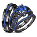 Couple's Ring Set, Round Cut Blue Sapphire Diamond Engagement Ring Trio Set Blue Sapphire 14K Black Gold Finish 925 Sterling Silver