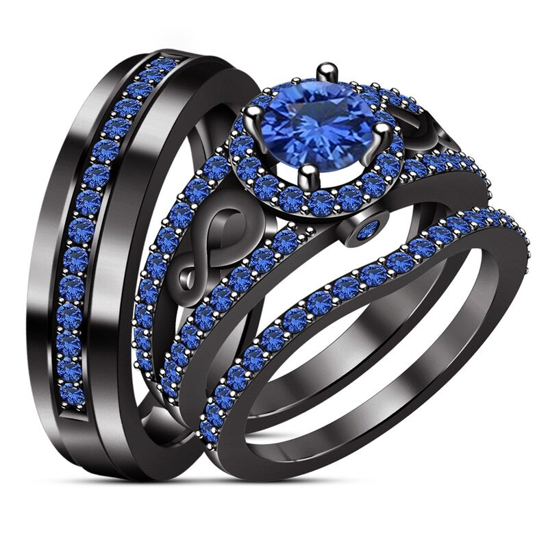 Couple's Ring Set, Round Cut Blue Sapphire Diamond Engagement Ring Trio Set Blue Sapphire 14K Black Gold Finish 925 Sterling Silver