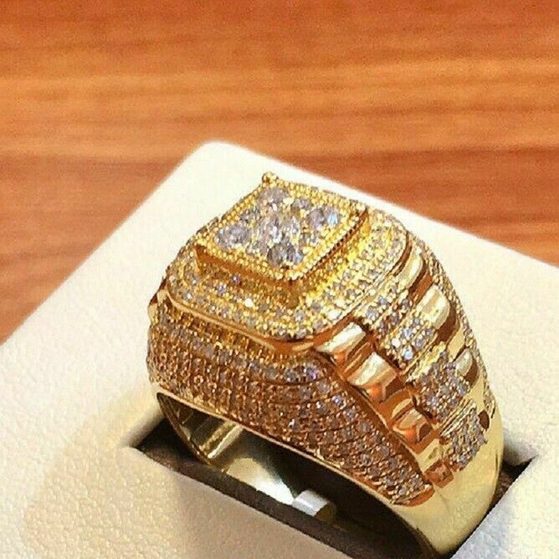 Solid 14K Yellow Gold Finish 2 Ct Round Cut Diamond / Moissanite Men's Wedding Pinky Ring