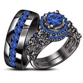 His & Her Blue Sapphire Trio Ring Set For Wedding, 14k Black Gold Finish 925 Silver Ring Set for Men And Women