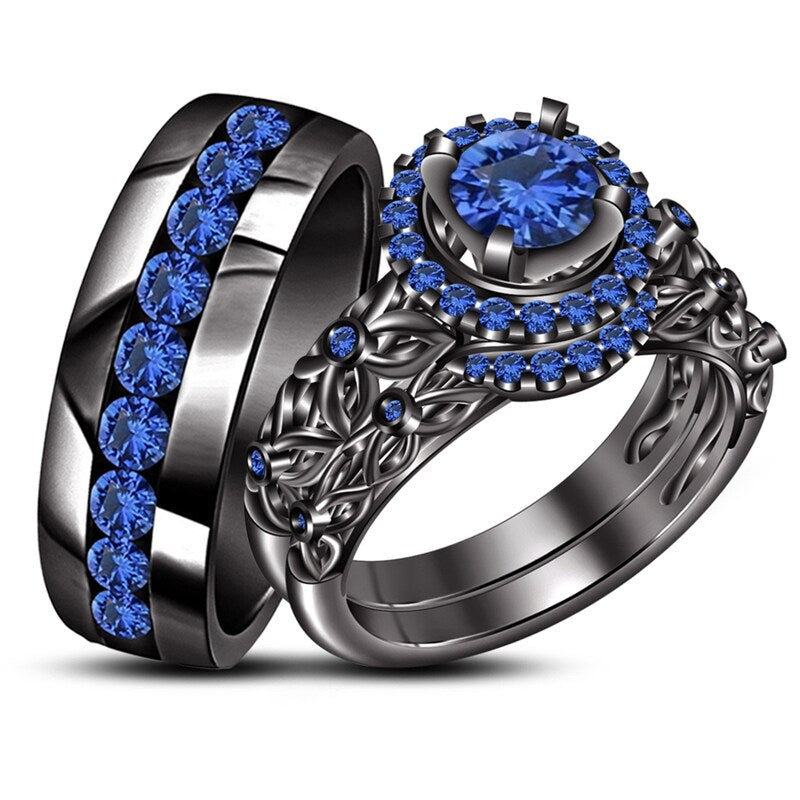 His & Her Blue Sapphire Trio Ring Set For Wedding, 14k Black Gold Finish 925 Silver Ring Set for Men And Women