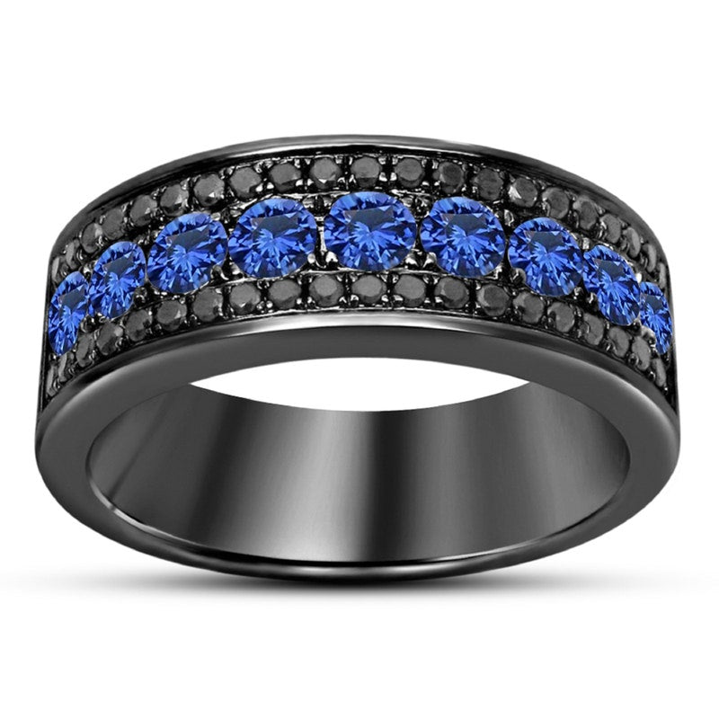 14k Black Gold Finish 925 Sterling Silver Round Cut Blue Sapphire Wedding Men's Band Ring/ Best Selling Ring, Bridal Diamond Ring,