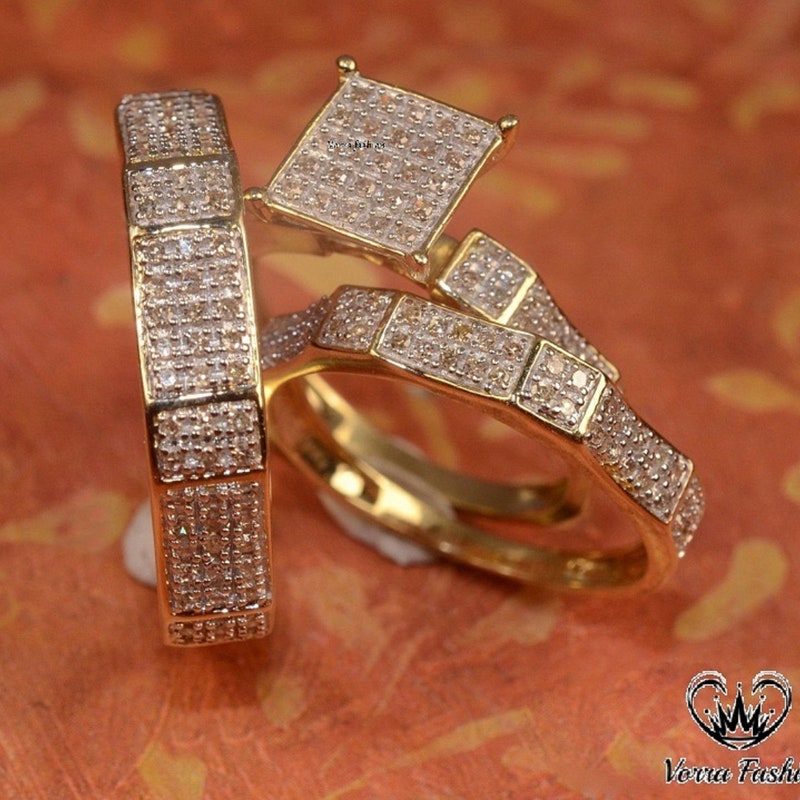 Elegant 14K Yellow Gold Finish Trio His & Her Bridal Band Engagement Ring Set, Diamond Wedding Ring Set For Couple, Best Anniversary Gift