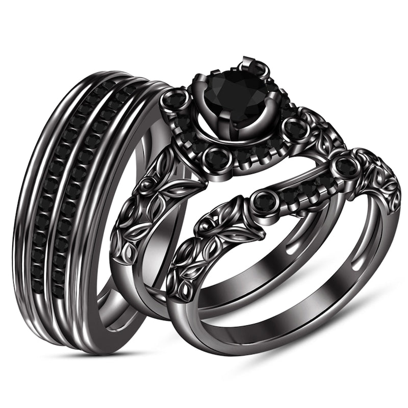 925 Sterling Silver Round Cut Black Diamond Trio Ring Set,Wedding Trio Ring Set, Black Diamond Ring Set For Women & Men, Most Searched Rings