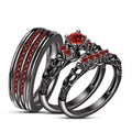 Most Searched Wedding Ring Set for Couple, Black Gold Finish 925 Sterling Silver Red Garnet His & Her Engagement Ring, Trio Ring Set