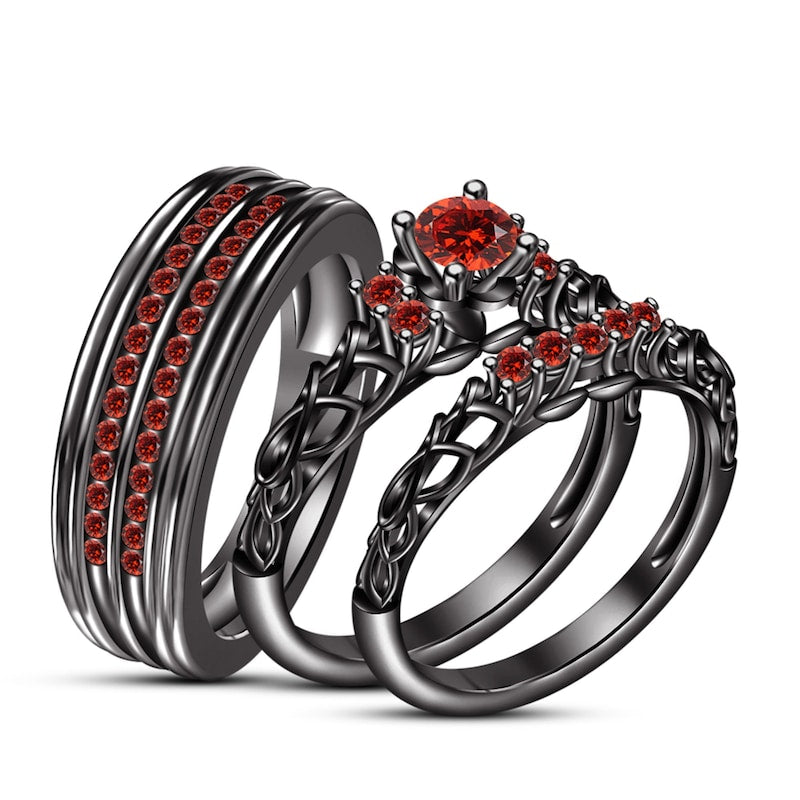 Most Searched Wedding Ring Set for Couple, Black Gold Finish 925 Sterling Silver Red Garnet His & Her Engagement Ring, Trio Ring Set