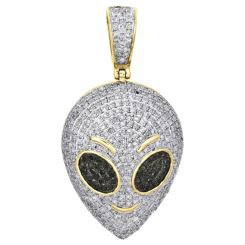 Alien Head Diamond Pendant, Sterling Silver Gold & 14K Yellow Gold Finish Alien Face Charm, Fantasy Hip Hop Pendant 1.40" Pave Charm 1 CT