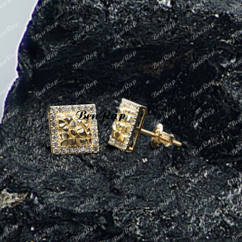 Moissanite Earring, Ngget Stud Earrings, Square Shape Men's 14K Yellow Gold Finish Hip Hop Nugget Screw Back Stud Earrings For Men and women