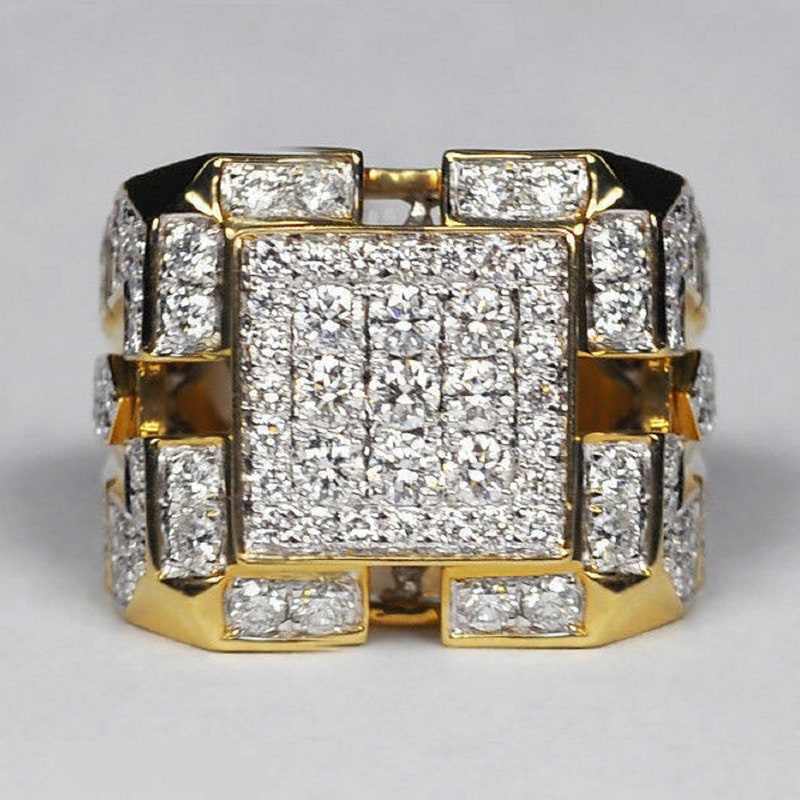 Gold Plated Men's Real Moissanite Cluster Engagement Ring, Sparkle Diamond Hip Hop Big Pinky Band Ring, Best Wedding Ring For Groom