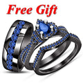 Pear Cut Blue Sapphire Diamond Bridal Ring Set, 14k Black Gold Finish 925 Sterling Silver Men's/Women's Wedding Trio Ring Set With Free Gift