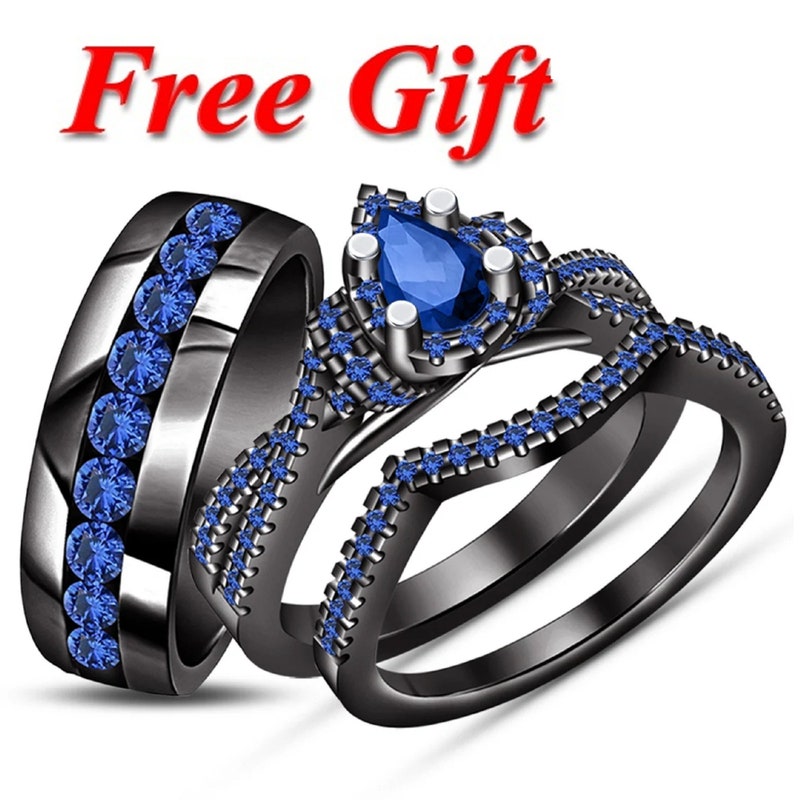 Pear Cut Blue Sapphire Diamond Bridal Ring Set, 14k Black Gold Finish 925 Sterling Silver Men's/Women's Wedding Trio Ring Set With Free Gift