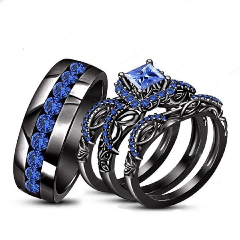 Blue Sapphire Rings For Couple/ His Her Trio Wedding Ring Set & Matching Band/ 14K Black Gold Finish 925 Sterling Silver Engagement Rings