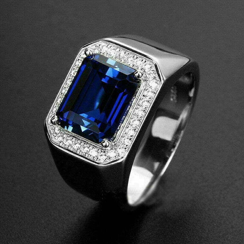 Men's Sapphire Wedding Ring, September Birthstone Ring, 2.9Ct Emerald Cut Moissanite /Diamond Ring For Groom, Halo Men's Engagement Ring