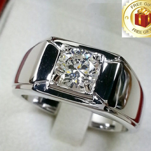 1 CT. T.W. Moissanite / Diamond Men's Wedding Engagement Pinky Ring Band 14K White Gold Finish Solid 925 Silver ,Free Solitaire Earrings