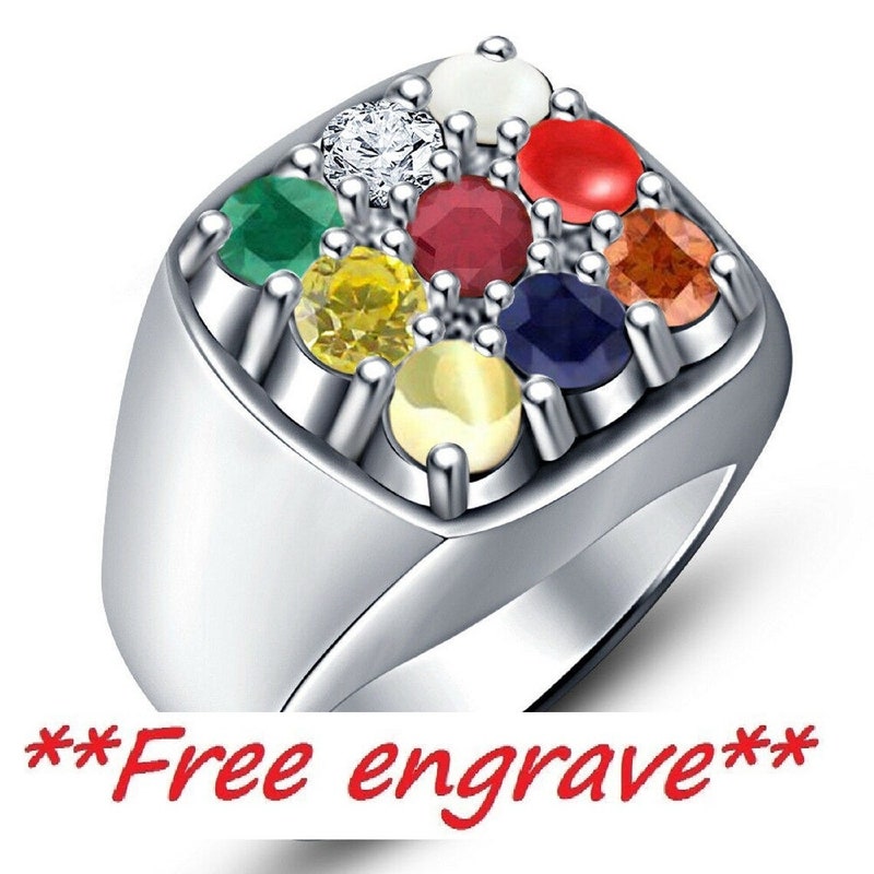 Birth Stone Ring For Gents, 14k White Gold Over 925 silver Multi Color Navratna Gemstones Collection Fashion Men's Ring , Ring Size 7-14