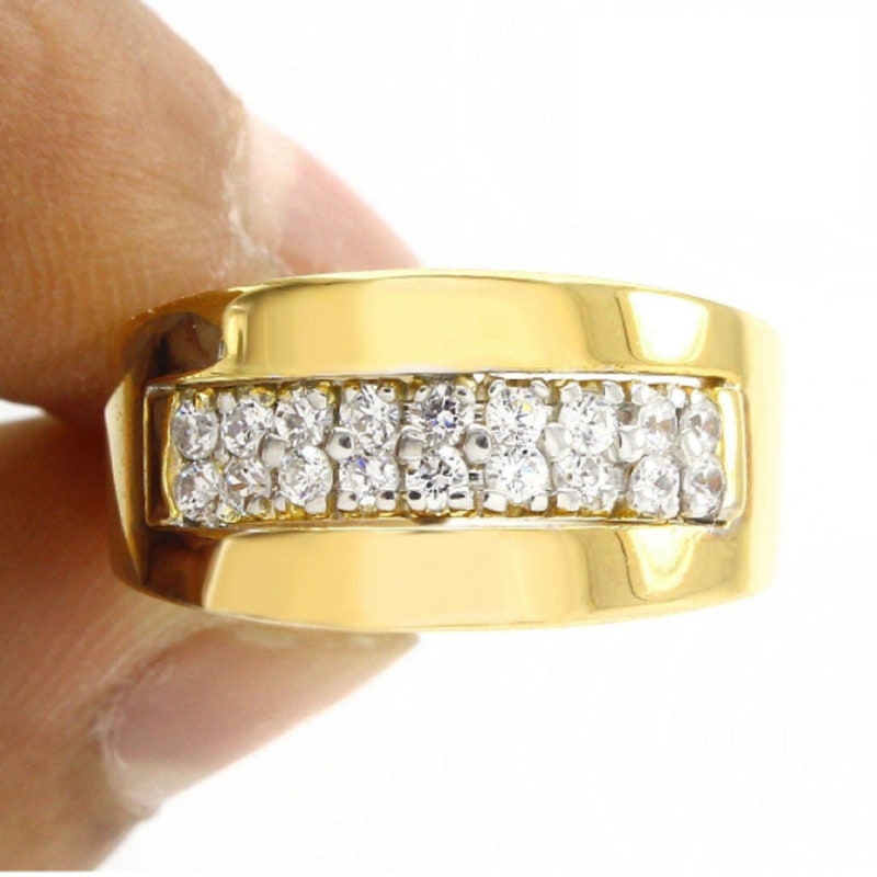 Wonderful Men's Engagement Band In Yellow Gold Fn, Men's Diamond Wedding Band, Round Cut MOISSANITE Ring, Unique Wedding Band For Groom