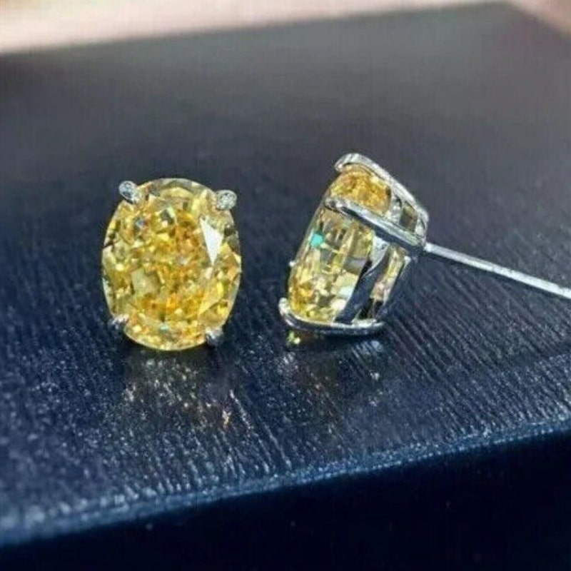 925 Sterling Silver High Quality Stud Earrings/ Oval Cut White Gold Plated Stud Earrings/ Yellow Sapphire Earring/ Best Earring For Women