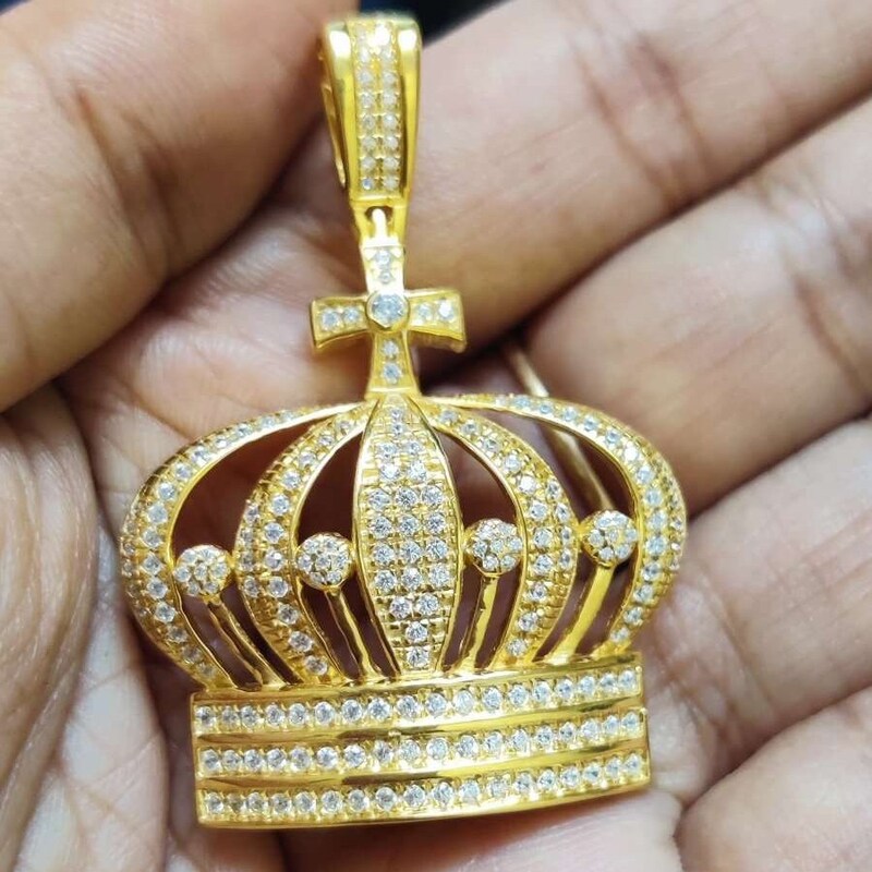 Royal Crown Pendant In 14K Yellow Gold Finish, Round Cut White Diamonds Crown Charm Pendant, Best Pendant design, Moissanite Pendant