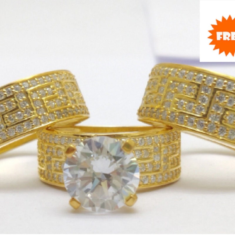 White Diamond Trio Ring Set, Yellow Gold over Sterling Silver