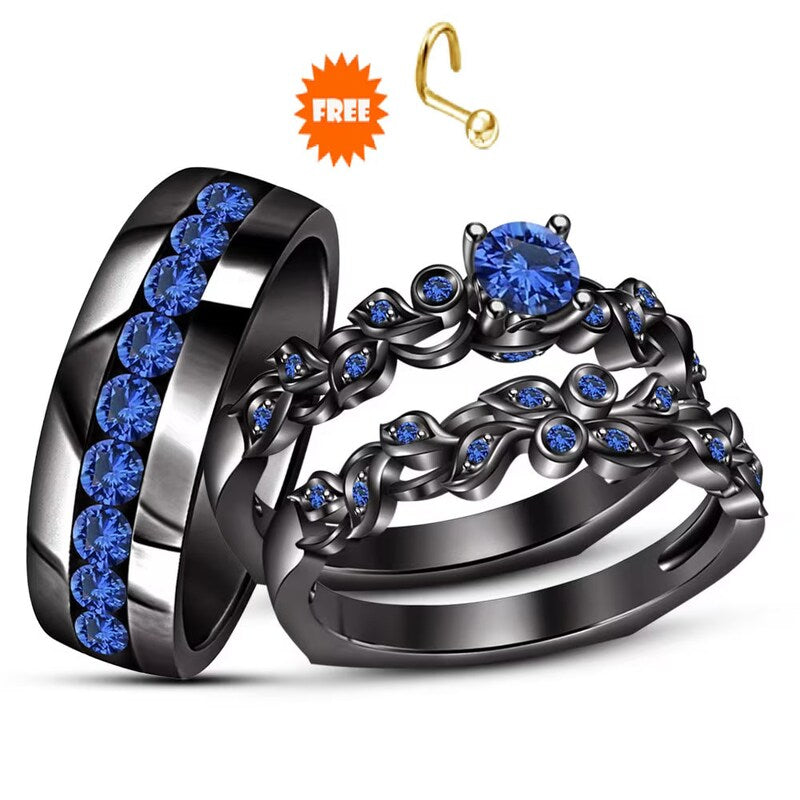 Best ring design, Couple's Engagement Ring, 14k Black Gold Finish 925 Silver His Her Trio Ring Set, Bride Groom's Wedding Band Trio Ring Set