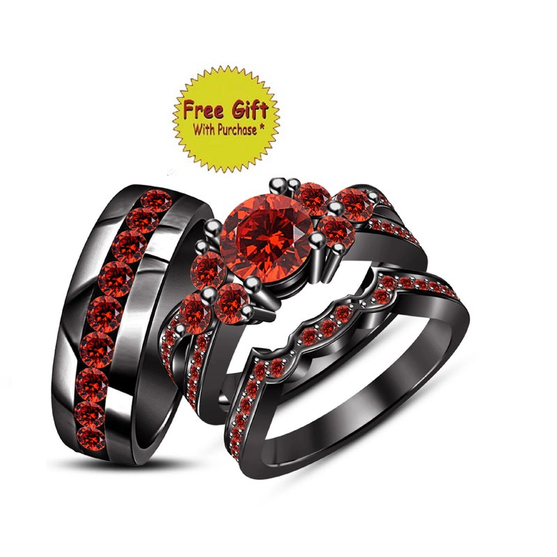 Engagement Wedding Trio Ring Set For His-Her Black Gold Fn Red Garnet Silver/ Highest Selling Couple's Rings/ Anniversary Gift For Men Women