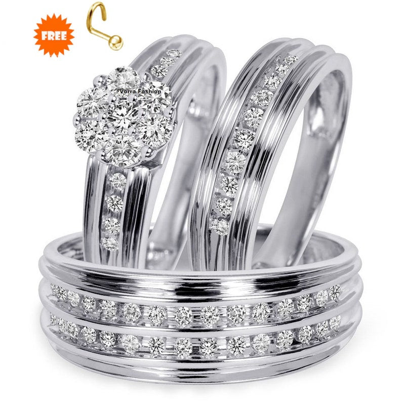 Round Cut Diamond Engagement Matching Wedding Trio Ring Set/ Couple's Promise Ring set, 14K White Gold Finish 925 Sterling Silver, Free Gift