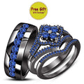 Blue Sapphire Couple's Wedding Trio Ring Set/ September Birth Stone Ring Set For Men & Women/ Black Gold Finish 925 Sterling Silver Ring Set