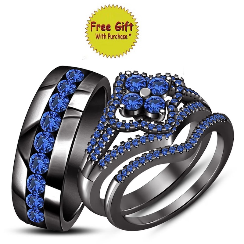 Blue Sapphire Couple's Wedding Trio Ring Set/ September Birth Stone Ring Set For Men & Women/ Black Gold Finish 925 Sterling Silver Ring Set