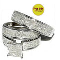 Rings For Men & Women, White Diamond Engagement Ring Trio Set With free Earrings, White Gold Plated 925 Sterling Silver Couple's Ring Set