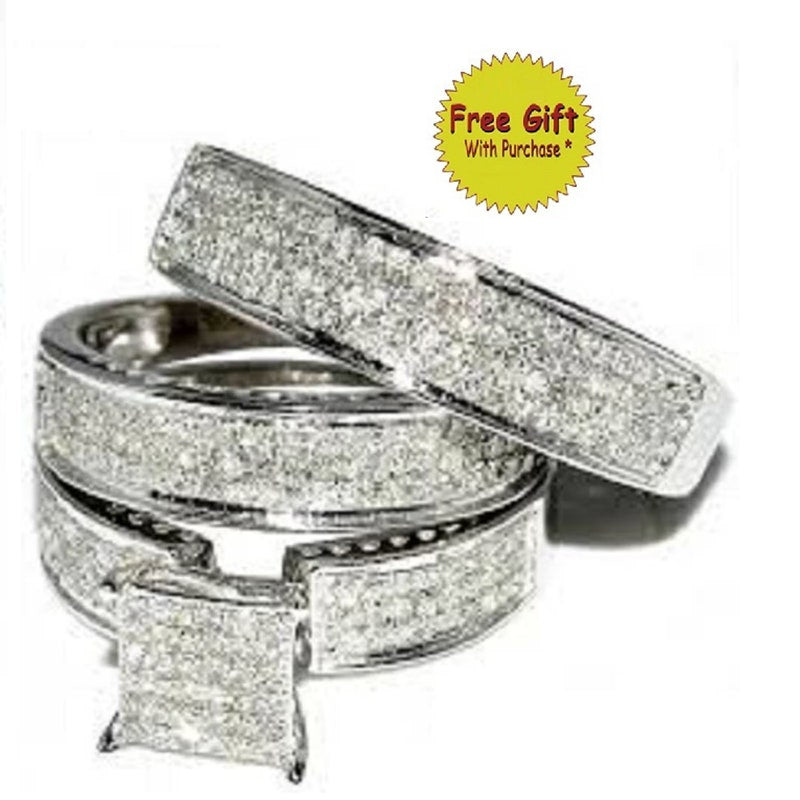 Rings For Men & Women, White Diamond Engagement Ring Trio Set With free Earrings, White Gold Plated 925 Sterling Silver Couple's Ring Set