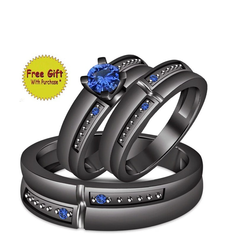 14k Black Gold Over 925 Sterling Silver Ring, Blue Sapphire Rings, Couple's Wedding Rings, Blue Sapphire His & Her Engagement Trio Ring Set