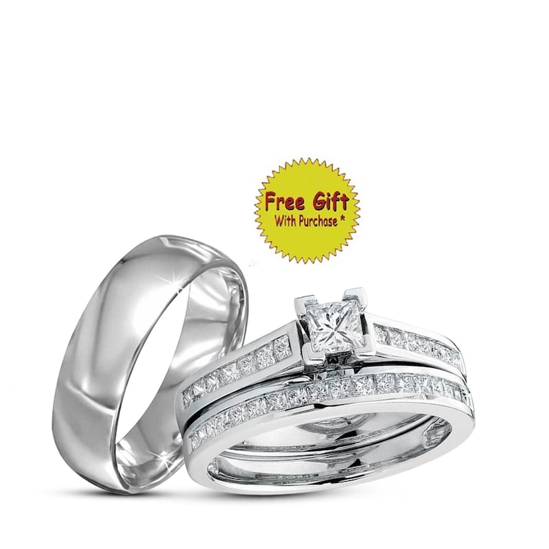 Princess Cut Wedding Ring For Women, 14k White Gold FN Engagement Rings For Couple, His Her White Diamond Band Trio Ring Set, Beautiful Ring