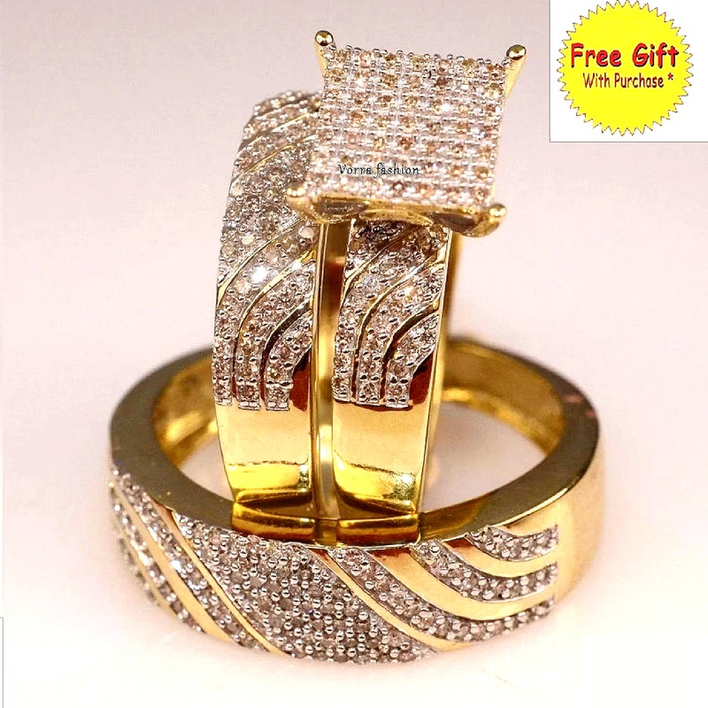 3pcs Couple's Engagement Ring Set, Brilliant Round Cut Diamond Bridal Ring Set For Women's Wedding Band Ring Set, 925 Sterling Sliver