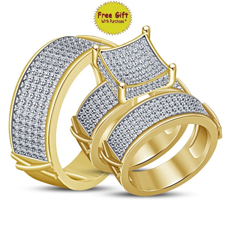 14k Yellow Gold Finish 925 Sterling Silver Round Cut Cluster Diamond Wedding Ring, Women Engagement Bridal Trio Ring Set, Best Gift For Her