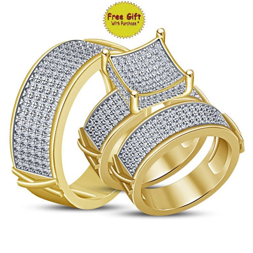14k Yellow Gold Finish 925 Sterling Silver Round Cut Cluster Diamond Wedding Ring, Women Engagement Bridal Trio Ring Set, Best Gift For Her