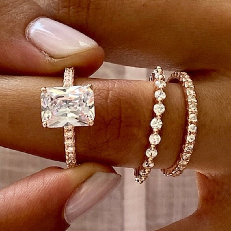 3 Piece Engagement Ring For Her, Dazzling Emerald Cut Diamond Women Wedding Ring Set, 925 Silver White Gold FN  Moissanite Trio Bridal Rings