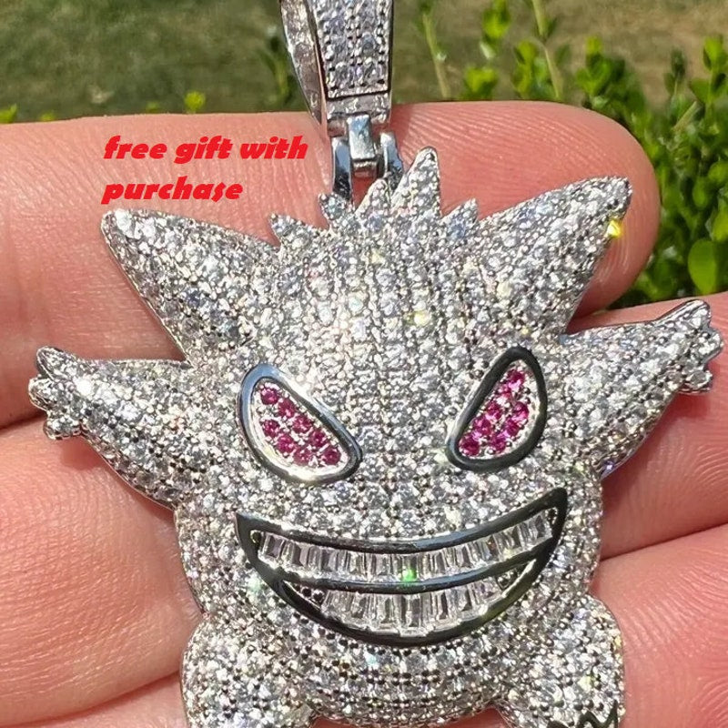 Customized Real Hip Hop Pendant For Men, Iced Diamond Hip Hop 925 Sterling Silver Gengar Pokemon Pendant Necklace, Make to order Big Pendant