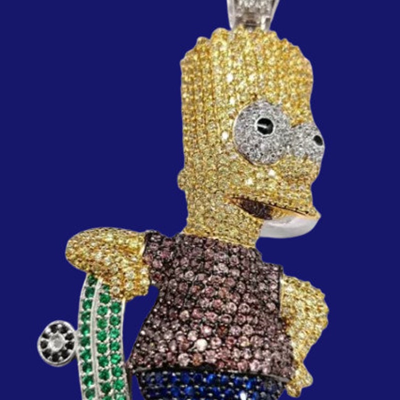 Men's Customized Pendant Cartoon Iced Diamond Out Rapper Hip Hop Pendant, White Gold Fn Moissanite Bling Paved Skateboard Simpson Pendant