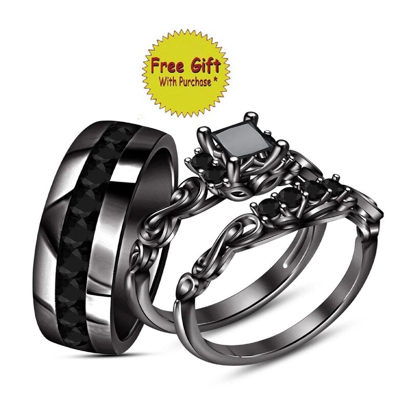 Sterling Silver Trio Ring Set, Black Lab Diamond Wedding Rings