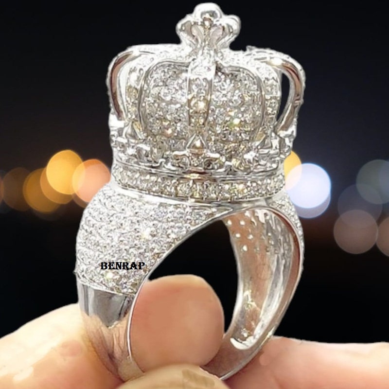 Customized King Crown Huge Hip Hop Ring, 5.00 CT Round Diamond Statement Ring, Moissanite Custom Ring, Hip Hop Statement Men's Ring