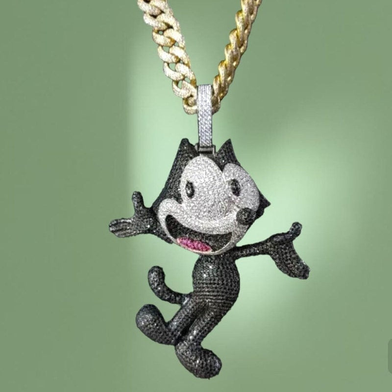 Felix the Cat Customized Iced Out Pendant, Cartoon Character Sparkling Moissanite Pendant, Bling Diamond Hip Hop Pendant, Rapper's Jewelry