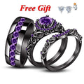 Couple's 3 Piece Engagement Rings, Purple Amethyst Trio Bridal Ring Set For Men Women, Black Gold Fn Silver His-Her Wedding Bands Jewelry