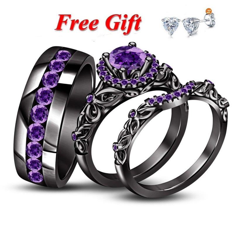 Couple's 3 Piece Engagement Rings, Purple Amethyst Trio Bridal Ring Set For Men Women, Black Gold Fn Silver His-Her Wedding Bands Jewelry