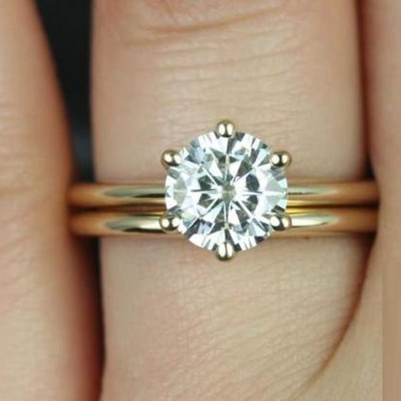Solitaire Engagement Diamond Ring Set/ Wedding Bridal Band Set/ 14k Yellow Gold Finish Promise Ring/ Rount Cut Moissanite  Bridal Ring Set