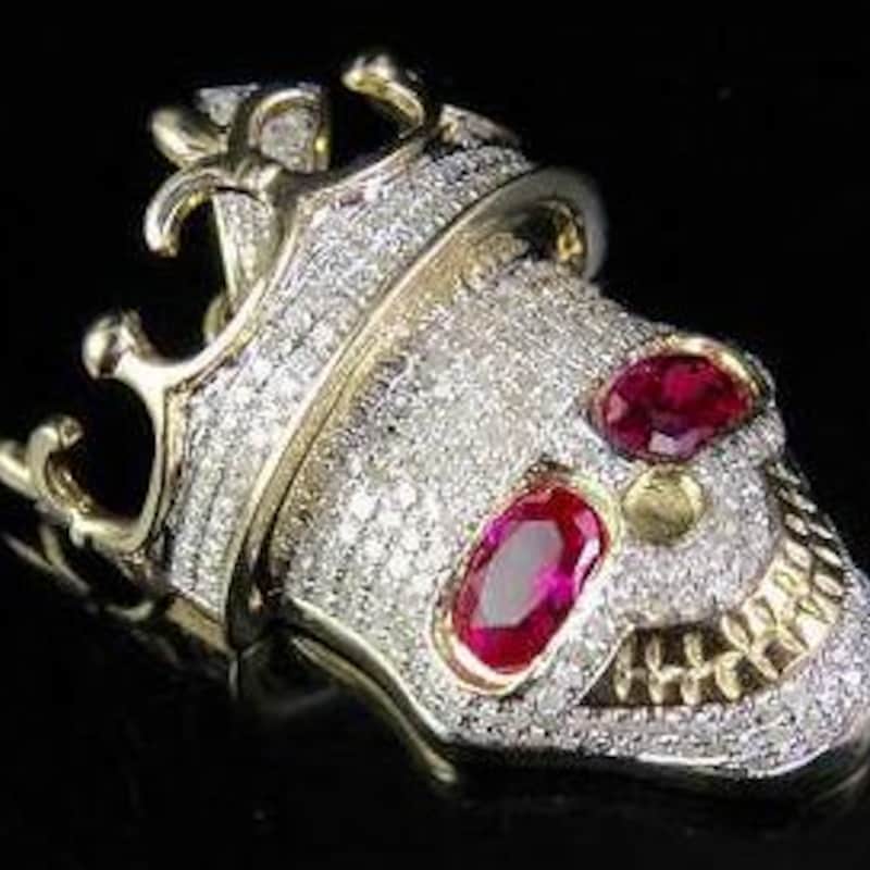 Skull Pendant For Men, Customized Pendant, Red Ruby Eyes, Round Cut Simulated Ruby & Diamond Unisex Skull Pendant 925 Silver