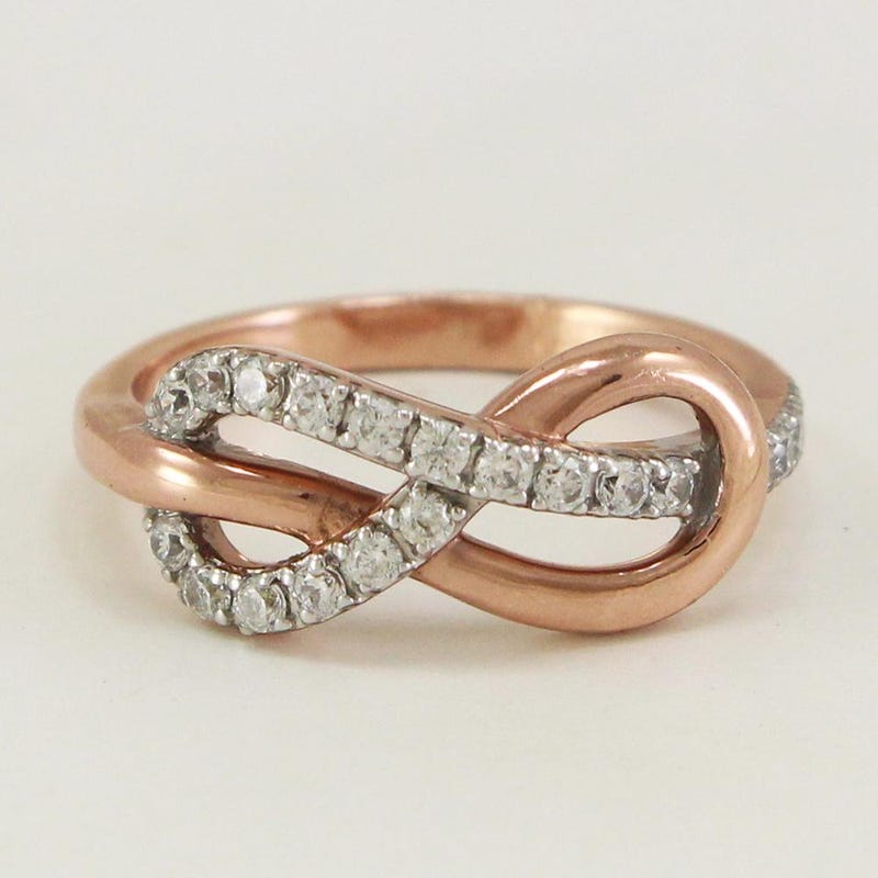 Dainty Moissanite Infinity Ring, Rose Gold, Sterling Silver Band