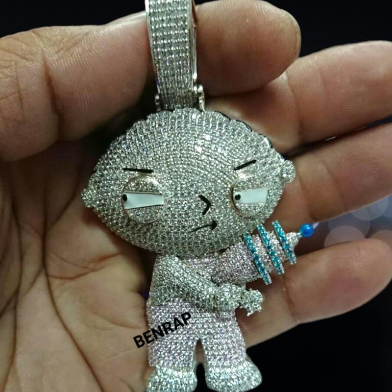 Iced Out Stewie Griffin Pendant: White Gold Finish, Moissanite Sterling Silver
